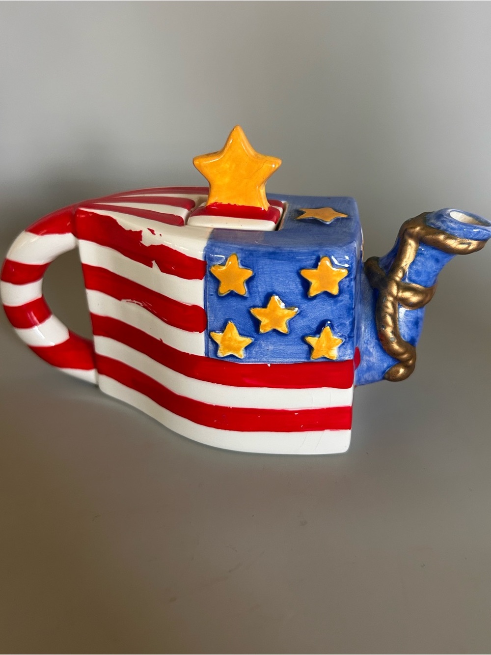Patriotic Mini Teapot Oneida Ceramic Stars Stripes USA July 4th READ